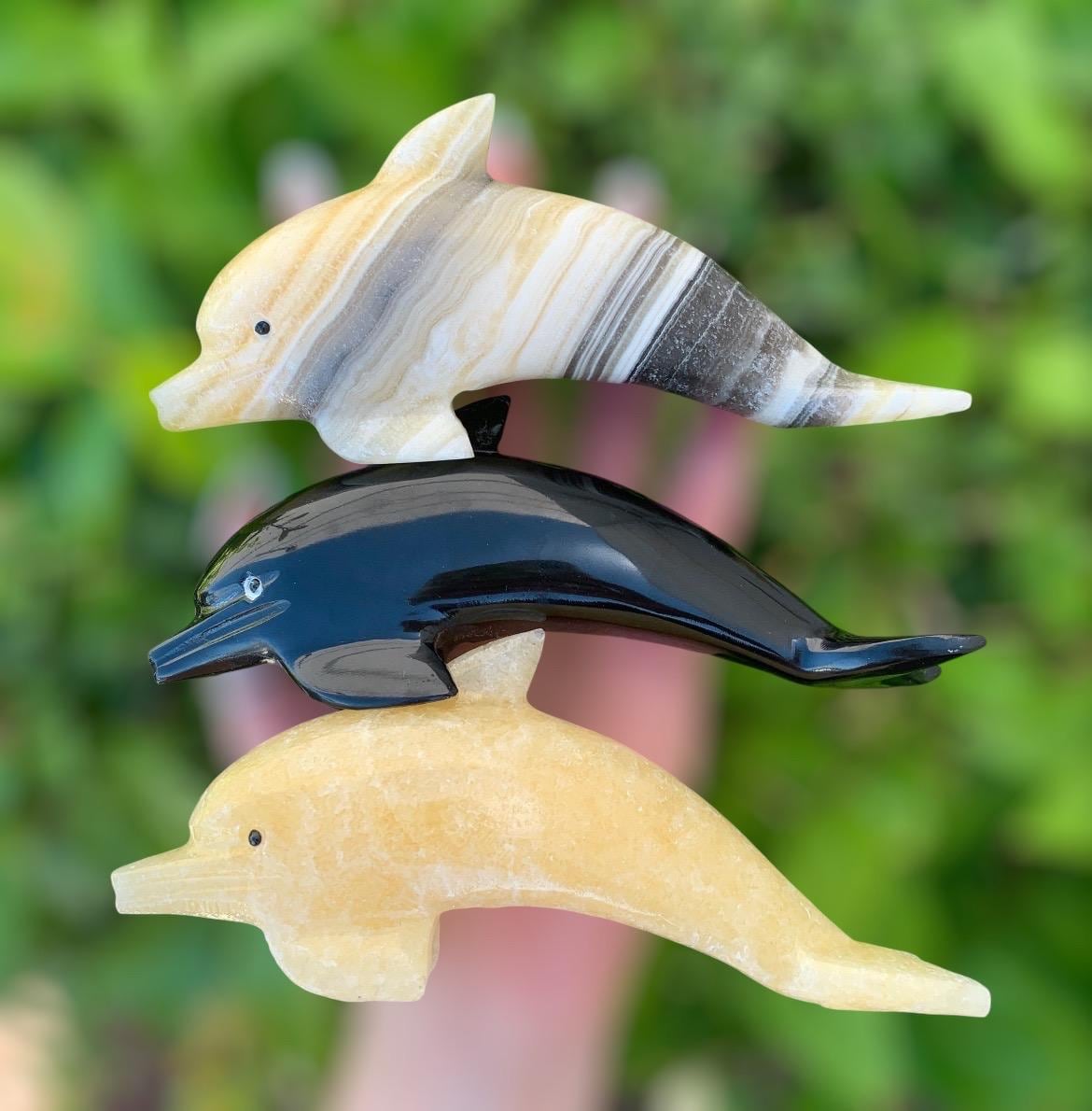 Stone Dolphin Carving – Hand Carved Crystal Figurine in Zebra Onyx