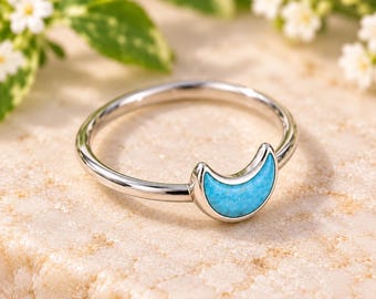 Natural Turquoise Crescent Moon Ring, Sterling Silver Celestial Jewelry, Dainty Blue Stone Stacking Ring, December Birthstone Gift for Her