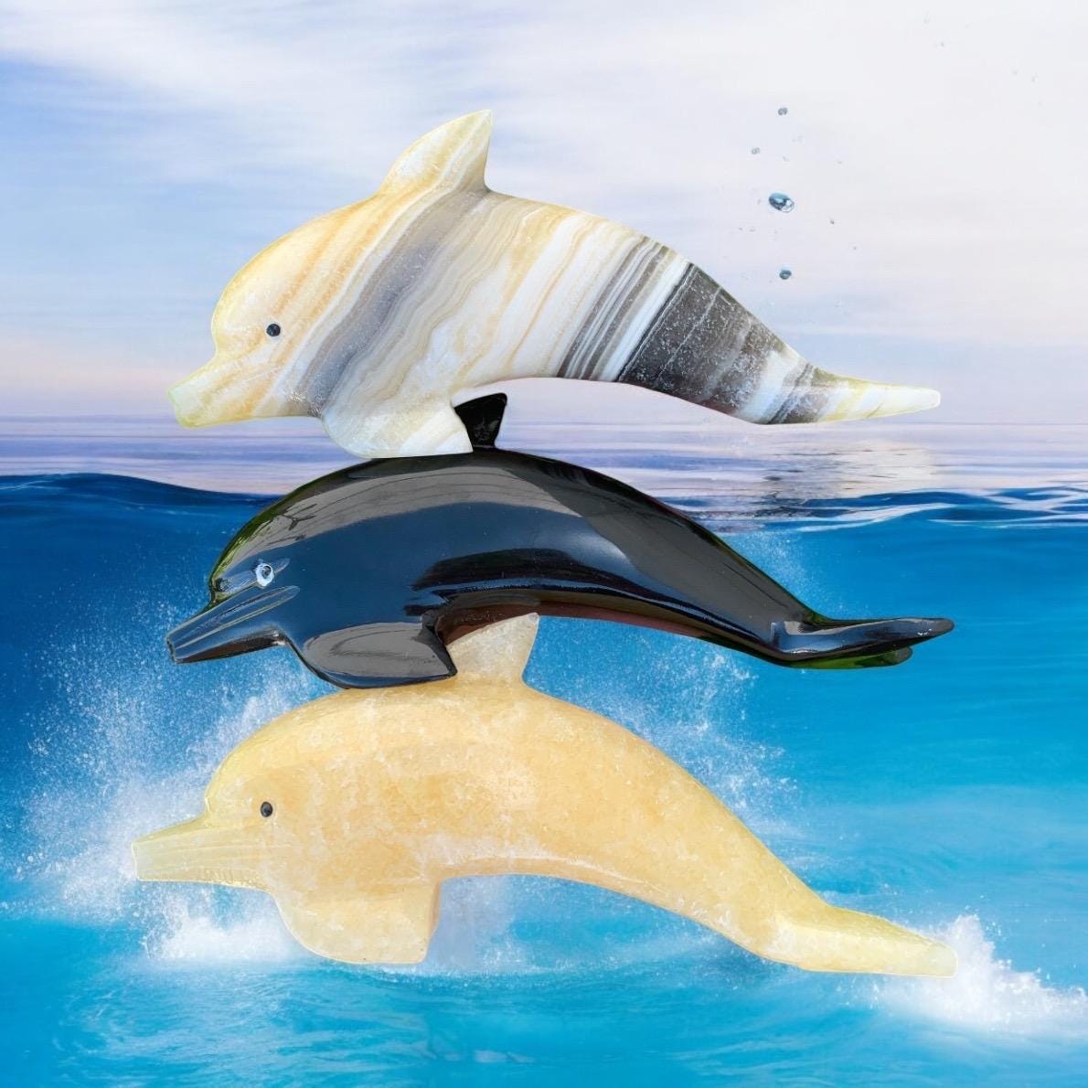 Stone Dolphin Carving – Hand Carved Crystal Figurine in Zebra Onyx