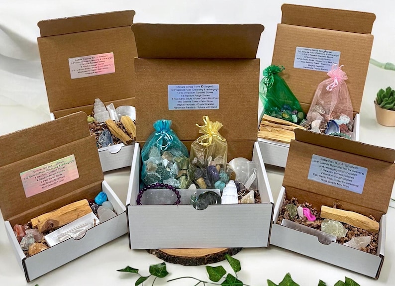 Discover a surprise assortment with our Crystal Boxes! Each box features a unique mix of tumbled stones, rough stones, bracelets, and other treasures