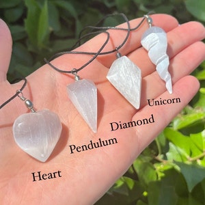 Selenite Necklace, Shapes: Diamond, Heart, Pendulum, Unicorn Horn, Selenite Pendant, Dream Stone, Cleansing, Crown Chakra, Magical, Power