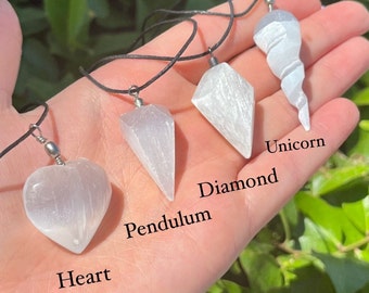 Selenite Necklace, Shapes: Diamond, Heart, Pendulum, Unicorn Horn, Selenite Pendant, Dream Stone, Cleansing, Crown Chakra, Magical, Power