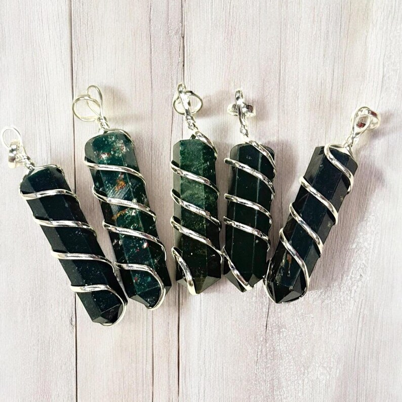 Wire Wrapped Bloodstone Pendant Necklace – Spiral Wrapped Healing Crystal Jewelry, Heart Chakra Support, Stress Relief Gift for Anxiety image 3