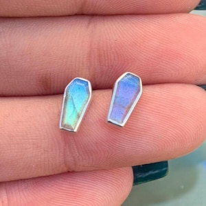 Labradorite Coffin Stud Earrings • 8mm Sterling Silver Post Earrings • Flashy Crystal Gift for Her • Mystical Gemstone Jewelry for Women