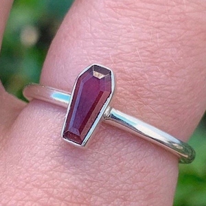 Garnet Coffin Shape Ring, Stackable Ring, January Birthstone, Coffin Garnet Ring, Halloween Ring, Red Coffin, Gothic, Dainty Ring, Oddity