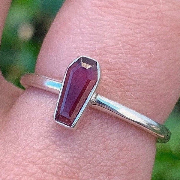 Garnet Coffin Shape Ring, Stackable Ring, January Birthstone, Coffin Garnet Ring, Halloween Ring, Red Coffin, Gothic, Dainty Ring, Oddity