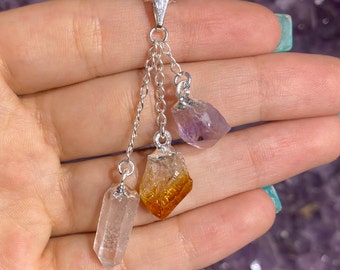 Pendentif en pierre triple en améthyste, citrine et quartz clair, collier en améthyste, collier en quartz clair, collier en citrine, pierre brute, abondance