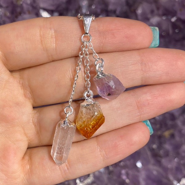 Amethyst, Citrine, and Clear Quartz Triple Stone Pendant, Amethyst Necklace, Clear Quartz Necklace, Citrine Necklace, Raw Stone, Abundance