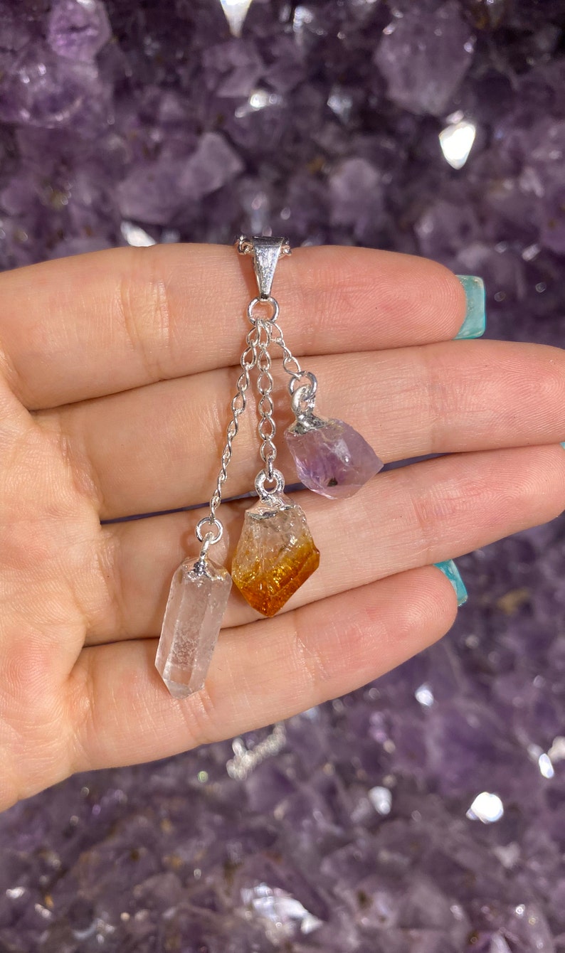 Amethyst, Citrine, and Clear Quartz Triple Stone Pendant, Amethyst Necklace, Clear Quartz Necklace, Citrine Necklace, Raw Stone, Abundance 