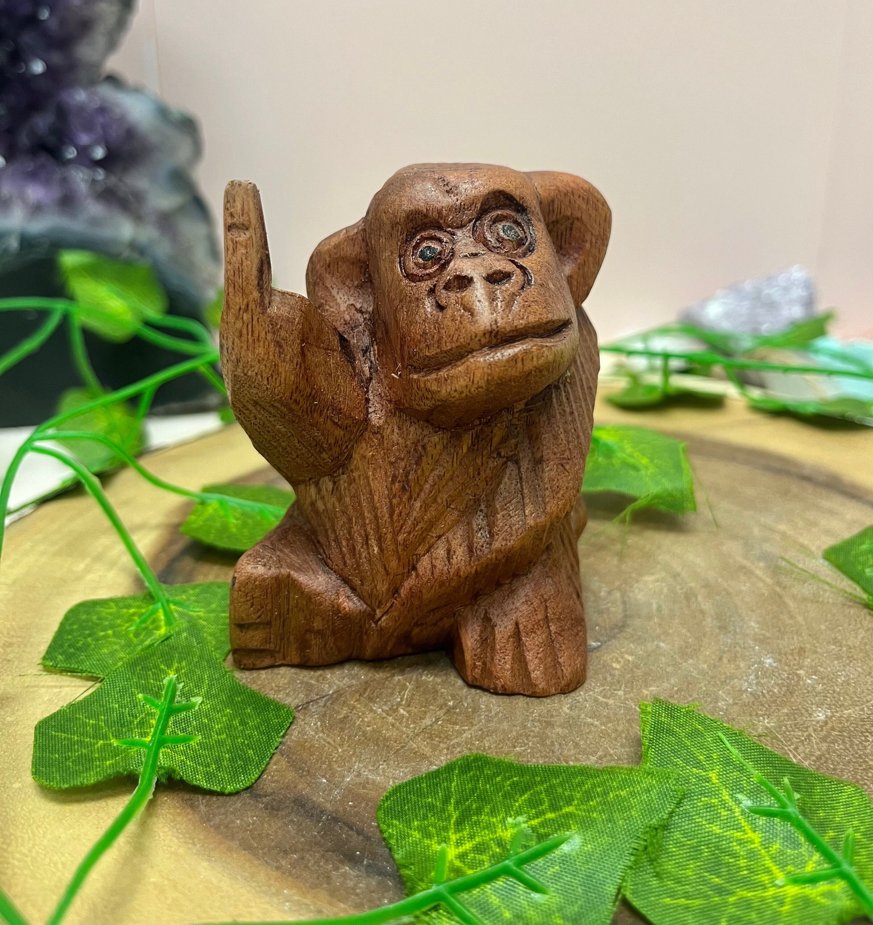One Teak Wood Funny Monkey Middle Finger Carving, Gag Gift
