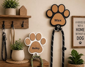 Custom Dog Paw Leash Holder Personalized Wood Dog Leash Holder Dog Collar Hook Pet Leash Organizer Wall Mount Dog Gift Custom Pet Name Sign