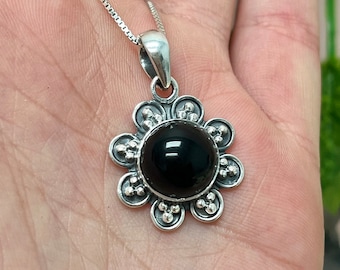 Flower Black Onyx Sterling Silver Pendant, Crystal 925 Jewelry, Root Chakra, Boho, Cute Flower Necklace, Grounding, Energy Protection, ASJ