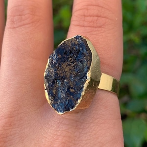 Black Tourmaline Natural Ring, Gold Plated Black Tourmaline Adjustable Ring, Protection Stone, Adjustable Crystal Ring, Root Chakra