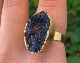 Black Tourmaline Natural Ring, Gold Plated Black Tourmaline Adjustable Ring, Protection Stone, Adjustable Crystal Ring, Root Chakra