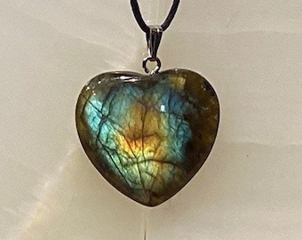 Labradorite Heart Shape Pendant w/ Adjustable Cord Chain, Heart Carved Pendant, Labradorite Necklace, Heart Dangle Pendant, Healing Necklace