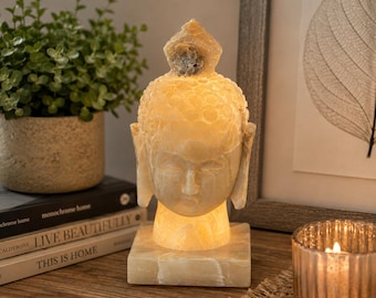 Hand-Carved Amber Onyx Buddha Head Lamp – 7" Stone Meditation Lighting Zen Decor