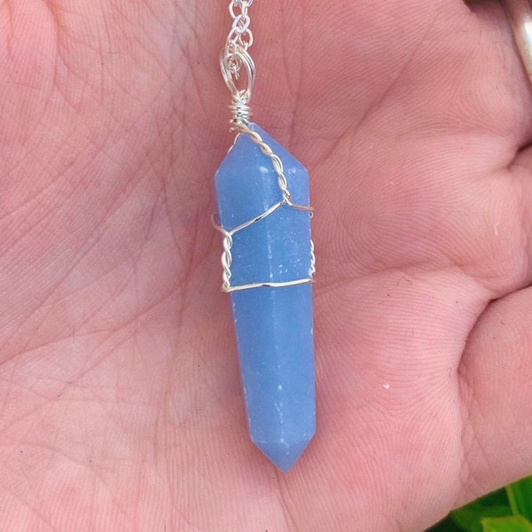 Wire Wrapped Angelite Point Necklace, Terminated Point, Wire Wrap Necklace, Third Eye Chakra, Truth Stone, Blue Necklace