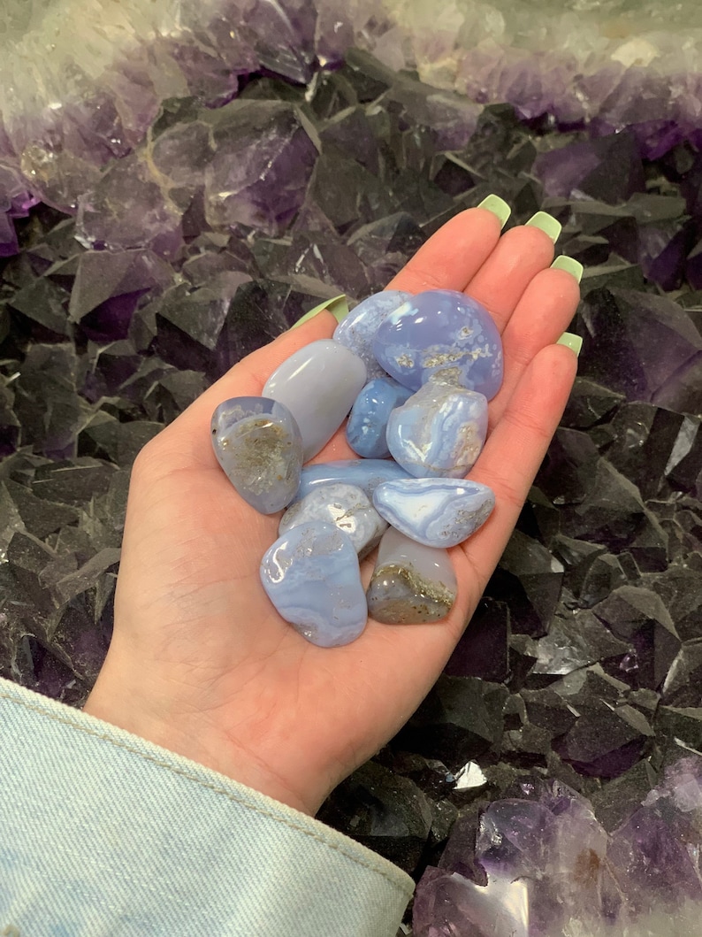 One Blue Lace Agate Tumbled Stone, Blue Lace Agate Pocket Stone, Chalcedony Agate, Crown Chakra, Energy Stone, Meditation Stone image 4
