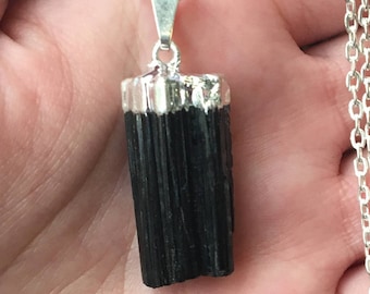 Black Tourmaline Necklace, Dipped Silver Top, Protection, Root Chakra, 5G, EMF, Healing Stone, Unisex Pendant, Blocks Negativity, Grounding