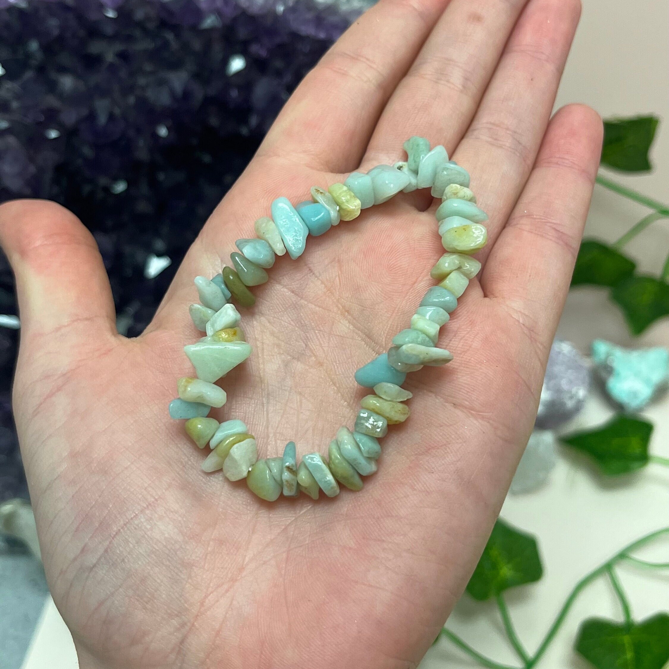 One Amazonite Stone Chip Bracelet, Stretchy Crystal Bracelet