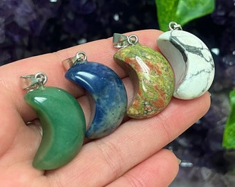 Puffy Moon Pendant Collection, Genuine Stone Necklaces, Hippy Boho Style Jewelry, Birthstone, Gift for Crystal Lover, Healing Energy