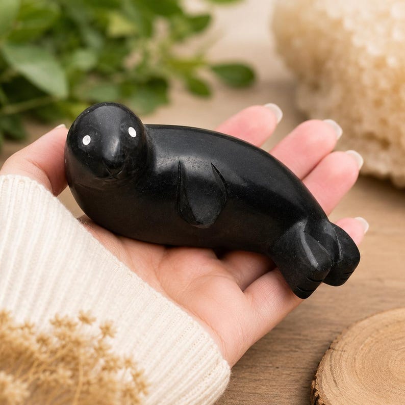 Black Marble Seal Carving Handmade Stone Seal Figurine Ocean Animal Sculpture Sea Lover Gift Coastal Home Decor Marine Life Collectible image 2