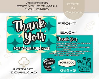 Retro Western Thank You Card Template, Western Boutique Insert (Canva Editable)