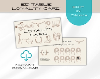 Western Loyalty Card Template Editable in Canva, Small Business Rewards Card, Rustic Cowboy Punch Card, Instant Download