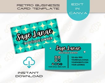 Retro Western Business Card Template | Teal Checkerboard, Editable Canva Design