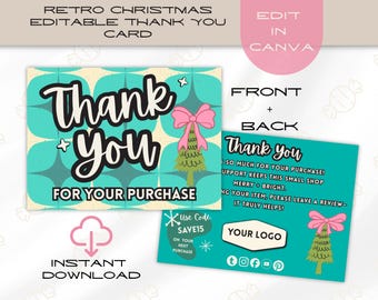 Retro Christmas Thank You Card Template, Retro Boutique Insert (Canva Editable)
