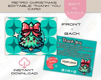 Retro Christmas Thank You Card Template, Retro Boutique Insert (Canva Editable), Cute Holiday Note for Customers