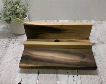 Multiple Device Wood Charging Station. Wood Docking Station, holds 2 electronic Devices.