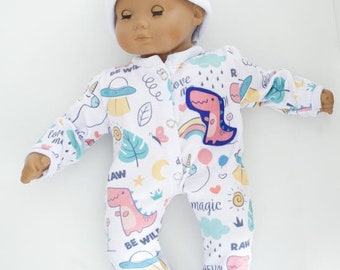 White Dinosaur Onesie Pajamas and Cap for 15-16 Inch Baby Dolls