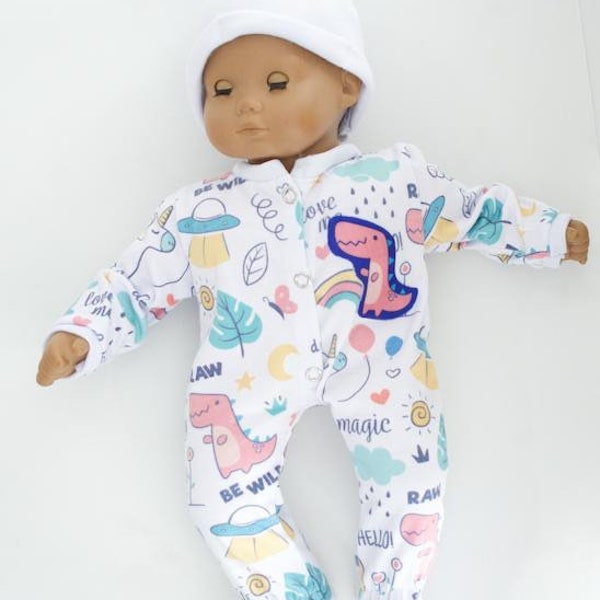 White Dinosaur Onesie Pajamas and Cap for 15-16 Inch Baby Dolls