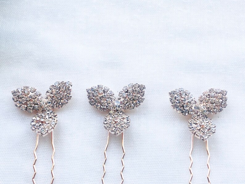 Rose Gold Flower Rhinestone Hair Pin Bridal Jewelry Art Deco Bride Clover Bridesmaid Special Occasion Wedding Crystal Accessory Pins Clip