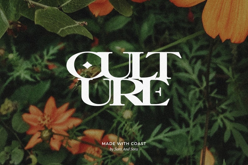 Peut inclure: Texte blanc sur un fond floral vert et orange, il est &eacute;crit "CULTURE" avec le texte "MADE WITH COAST by Sans And Sons" en dessous.
