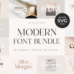 May include: A modern font bundle graphic with various font styles. The image includes the text "Modern Font Bundle" and "Include SVG Files". The fonts are displayed in different styles and colors, with a neutral color palette.