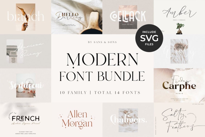May include: A modern font bundle graphic with various font styles. The image includes the text "Modern Font Bundle" and "Include SVG Files". The fonts are displayed in different styles and colors, with a neutral color palette.