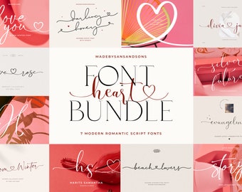 May include: A collection of seven modern romantic script fonts, each displayed with a heart symbol and a sample phrase. The fonts are named: Love You, Darling Honey, Love Rose, Olivia James, Silver Future, Evangelina, Bloom Winter, Harits Samantha, Beach Lovers, and Story.