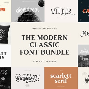 Può includere: Un collage di 10 diverse famiglie di font, ognuna con uno stile unico, tra cui un font a strati, un font scritto a mano e un font serif. I font sono visualizzati in vari colori e stili, tra cui nero, bianco, rosso e blu. Il testo "The Modern Classic Font Bundle" è visualizzato al centro dell'immagine.