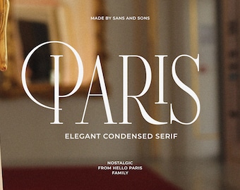 Könnte beinhalten: Eine weiße Textgrafik auf einem verschwommenen Hintergrund zeigt "PARIS" in einer Serifenschrift. Der Text ist zentriert und befindet sich über dem Text "ELEGANT CONDENSED SERIF". Unter dem Serif-Text befindet sich der Text "NOSTALGIC FROM HELLO PARIS FAMILY".