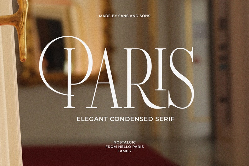 May include: A white text graphic on a blurred background reads "PARIS" in a serif font. The text is centered and is above the text "ELEGANT CONDENSED SERIF". Below the serif text is the text "NOSTALGIC FROM HELLO PARIS FAMILY".