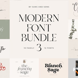 May include: A promotional image for a modern font bundle. The text "MODERN FONT BUNDLE 3" is prominently displayed. The image showcases various font styles, including "Brightmoon", "Frunchy Sage", "Palieste", "Country House", "Querky", "Evangelina", "Moirslay", "Blanch Sage", and "Pancakes".