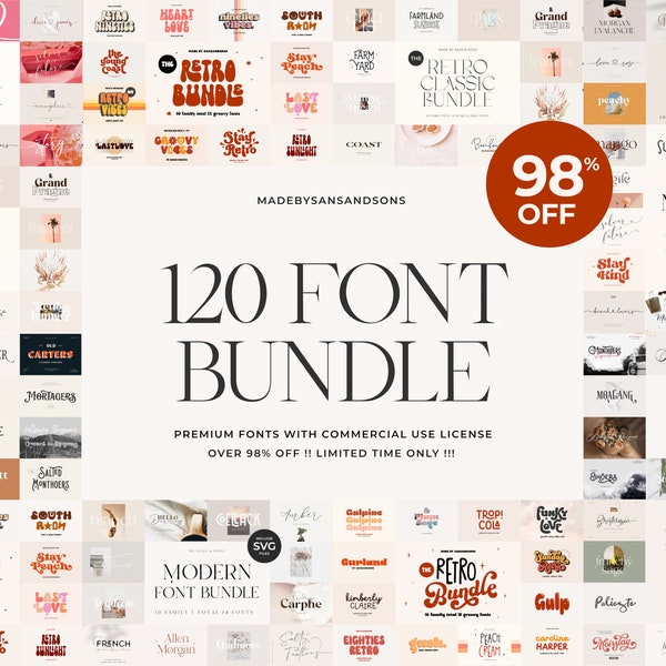 120 Font Bundle - Cricut Font, Procreate Font, Canva Font, Retro Font, Logo Font, Boho Font, Branding Font, Wedding Invitation