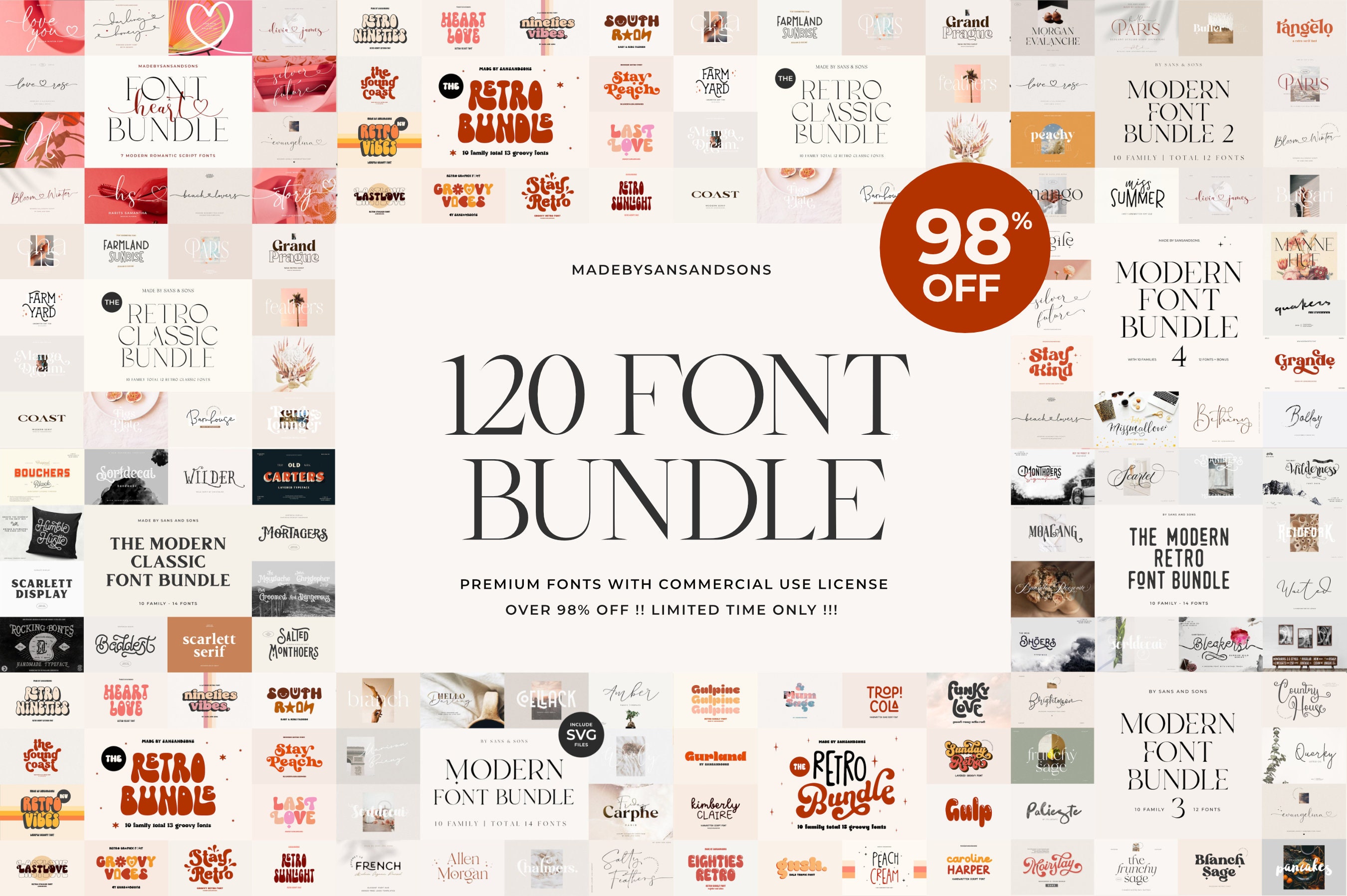 120 Font Bundle – Cricut, Procreate & Canva Fonts | Retro, Boho, Logo & Wedding Typefaces
