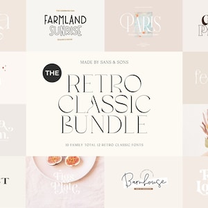 May include: A collection of retro classic fonts, including "Farmland Sunrise," "Paris," and "Grand Prague." The central design reads "The Retro Classic Bundle" with "Made by Sans & Sons." The image showcases various font styles and designs.