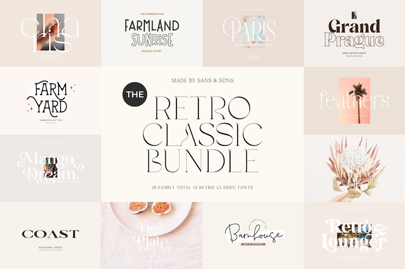 May include: A collection of retro classic fonts, including "Farmland Sunrise," "Paris," and "Grand Prague." The central design reads "The Retro Classic Bundle" with "Made by Sans & Sons." The image showcases various font styles and designs.