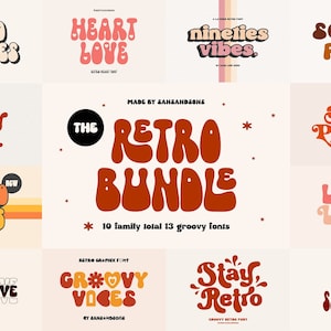 May include: A collection of groovy retro fonts in various styles. The image features phrases like "Retro Nineties," "Heart Love," and "Retro Vibes." The fonts are in warm colors, including orange, pink, and brown, with a vintage aesthetic.