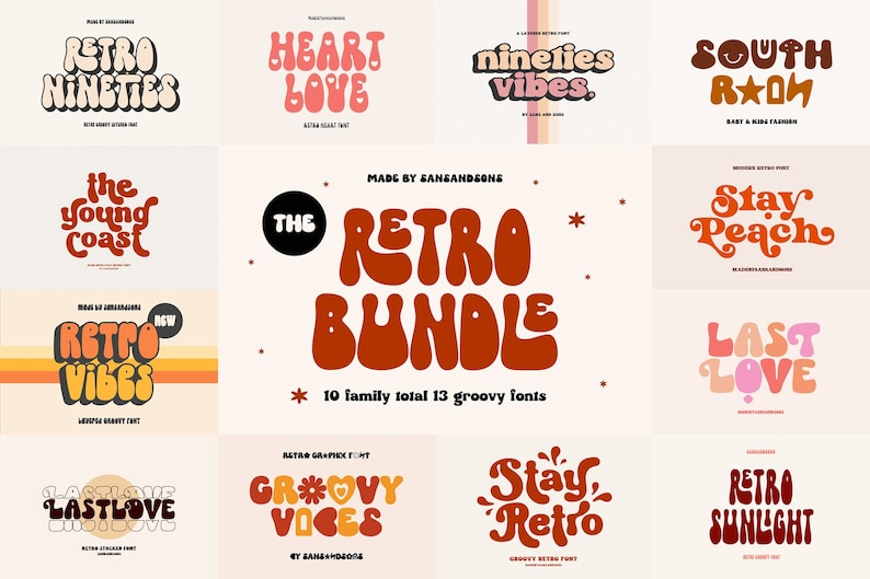 May include: A collection of groovy retro fonts in various styles. The image features phrases like "Retro Nineties," "Heart Love," and "Retro Vibes." The fonts are in warm colors, including orange, pink, and brown, with a vintage aesthetic.