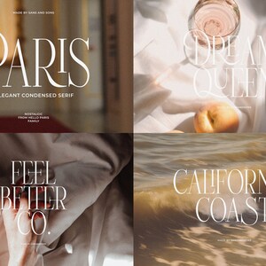 May include: A collage of four images featuring a white serif font. The first image shows the word "PARIS" in a white serif font against a blurred background. The second image shows the words "DREAM QUEEN" in a white serif font against a white background with a glass of wine and fruit. The third image shows the words "FEEL BETTER CO." in a white serif font against a brown background. The fourth image shows the words "CALIFORNIA COAST" in a white serif font against a background of ocean waves.